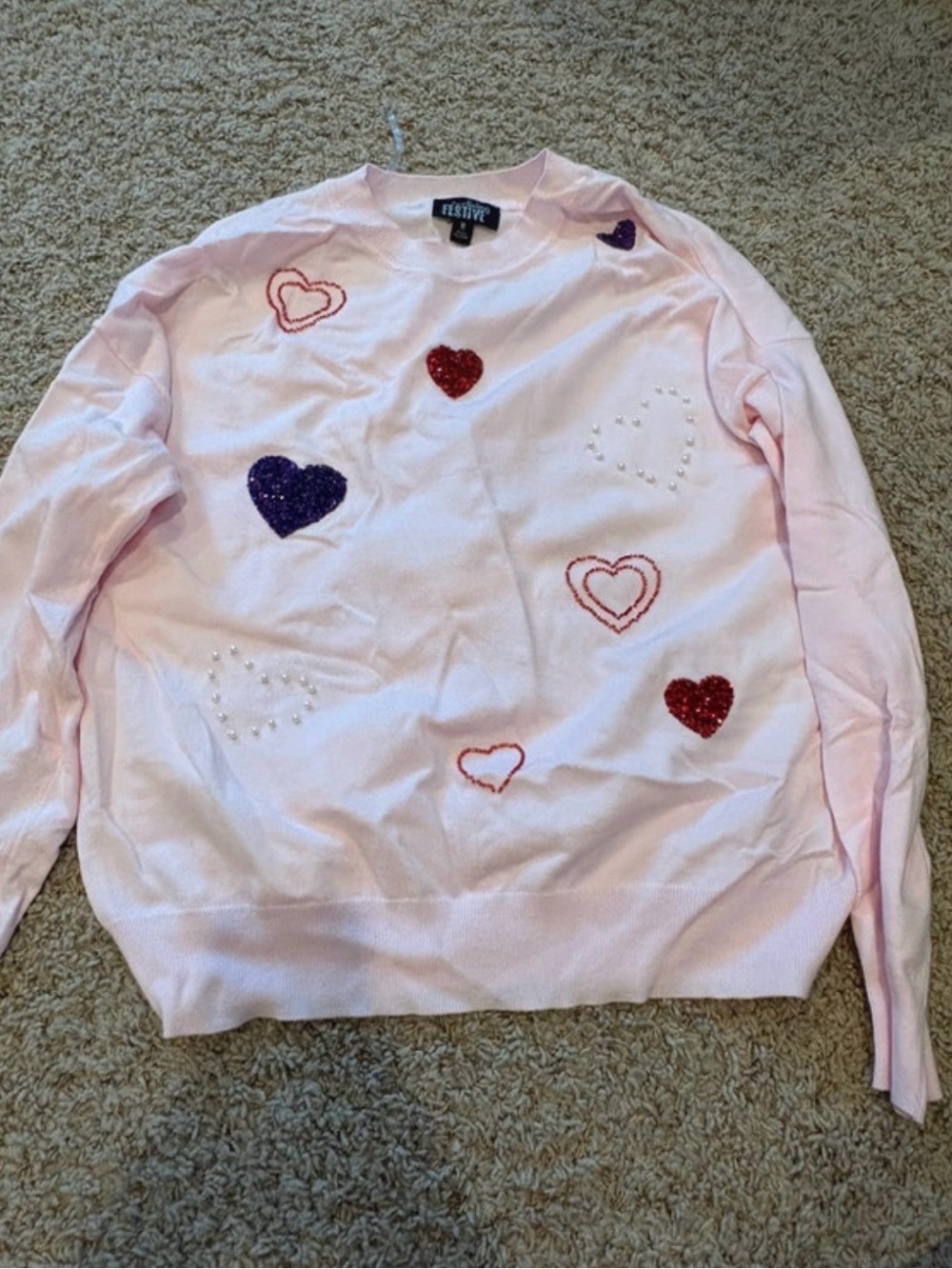 Light Pink Heart Embellished Crewneck Sweater